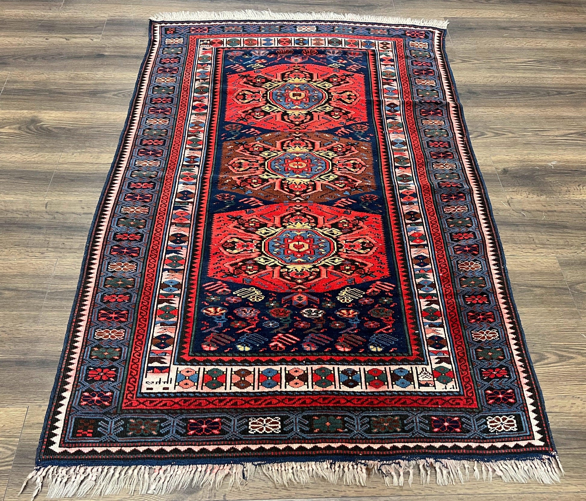 Antique Caucasian Seychour Rug 3.7 x 5.5, Collectible Oriental Carpet, Navy Blue and Red, Fine Kuba Rug, Vintage Rug, Wool Hand Knotted Rug-0