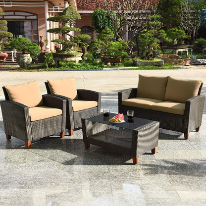 4 Piece Patio Rattan Furniture Set, Onesize, Beige-2