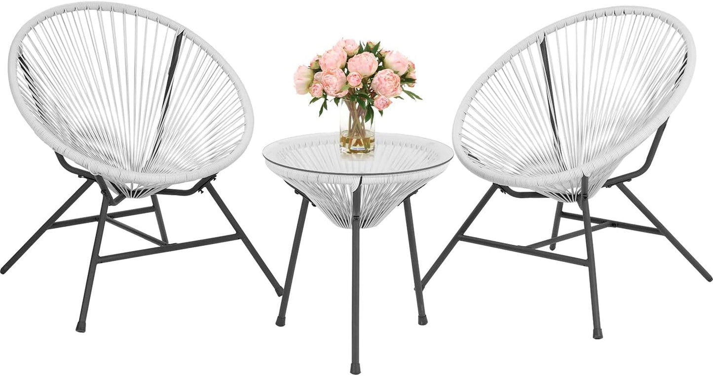 Acapulco Patio Bistro Set 3-Piece Outdoor Furniture Set All-Weather Woven Rope Patio Conversation Set with Glass Top Table and 2 Chairs (White)-0