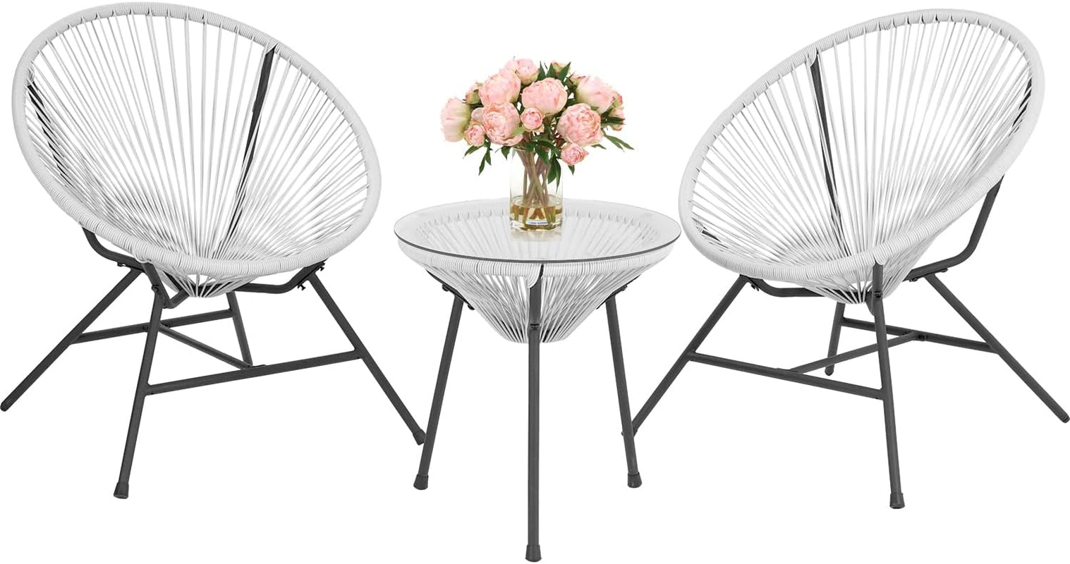 Acapulco Patio Bistro Set 3-Piece Outdoor Furniture Set All-Weather Woven Rope Patio Conversation Set with Glass Top Table and 2 Chairs (White)-0