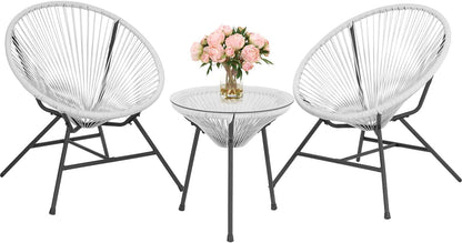 Acapulco Patio Bistro Set 3-Piece Outdoor Furniture Set All-Weather Woven Rope Patio Conversation Set with Glass Top Table and 2 Chairs (White)-0