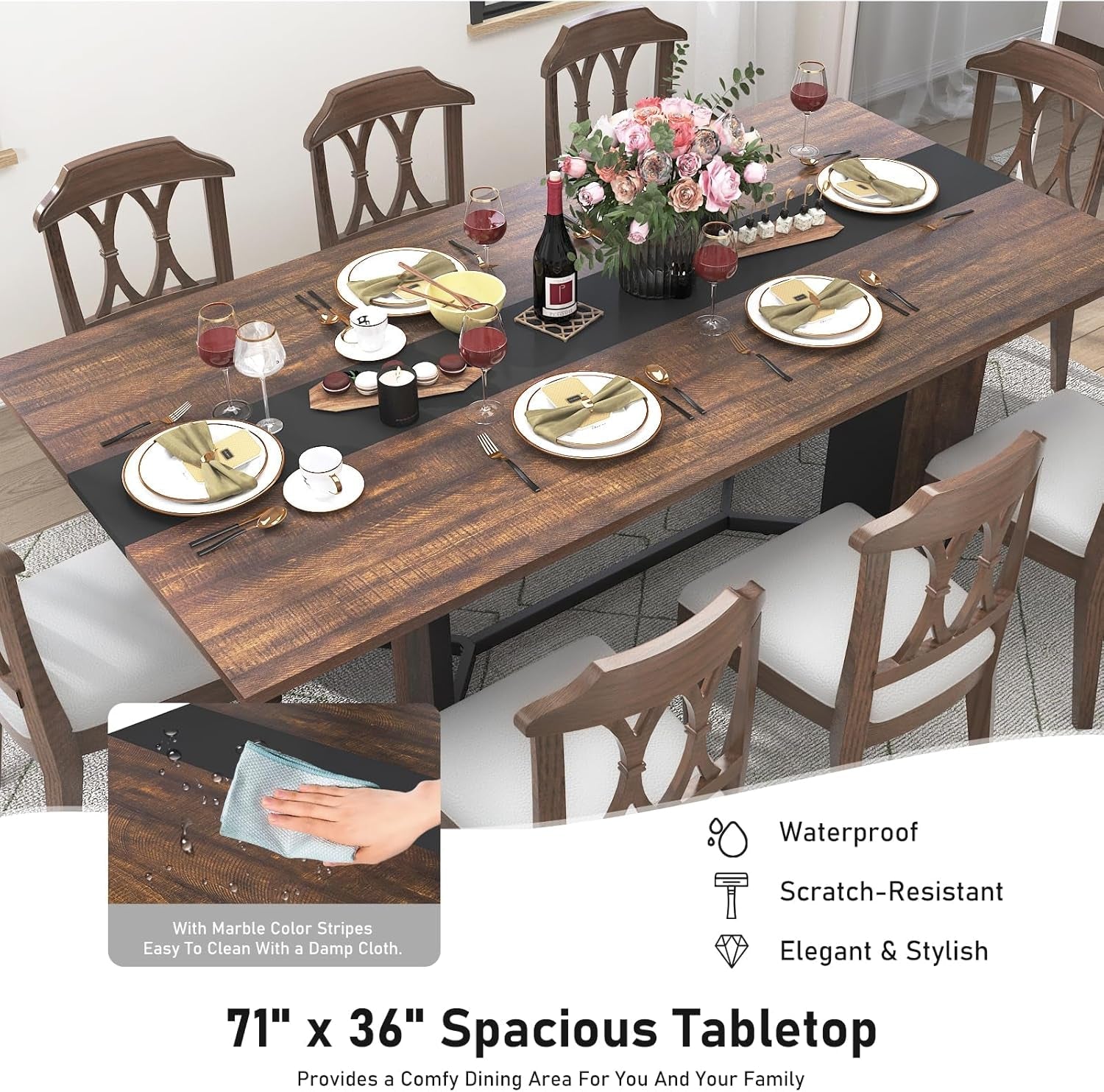 71In Large Rectangular Dining Table for 4 5 6 7 People W/35 Marble-Color Wood Watrproof Brown Tabletop,Adjustable Leg.6Ft Luxurious Family Dinner Table for Office Kitchen Living Room-2