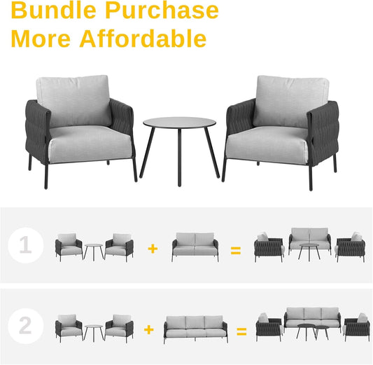 3 Pieces Patio Furniture Set, Armchairs with Coffee Table, Outdoor Furniture Set with Cushion, Modern Outdoor Furniture Deep Seating for Outdoor Garden Porch, Earth Black & Misty Grey