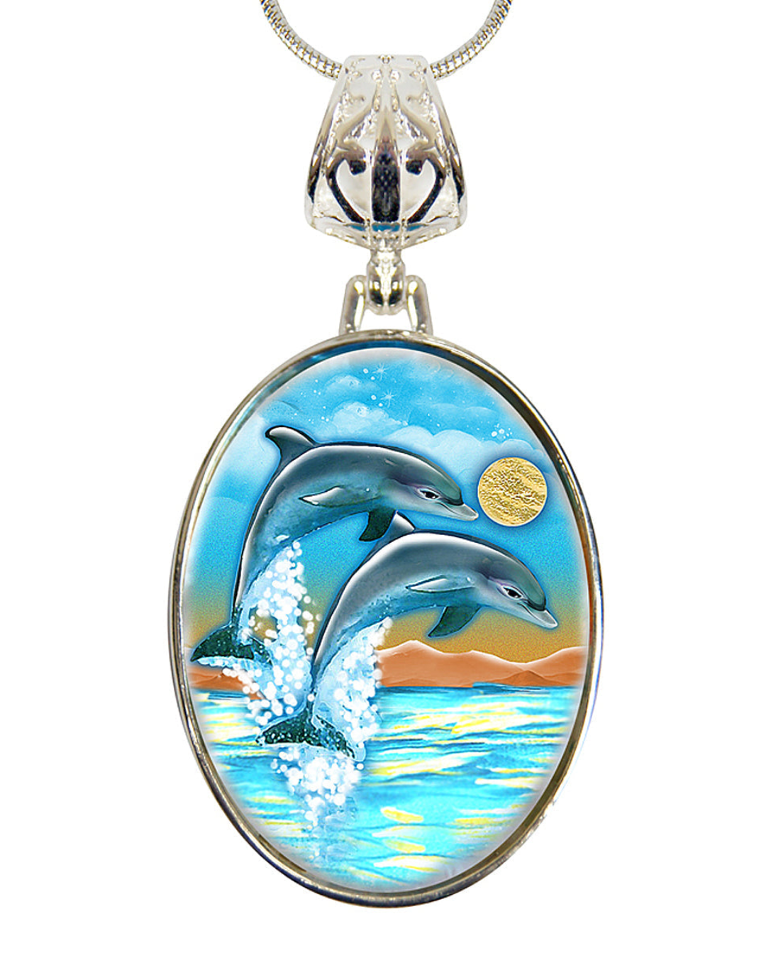 Flying Dolphins Silver Plated Jewelry Mother of Pearl Pendant Necklace - 44011-0