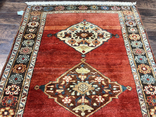 Antique Persian Bidjar Rug 4x8, Triple Medallions, Handmade Oriental Carpet, 1920s Rug, Wool Rug, Red
