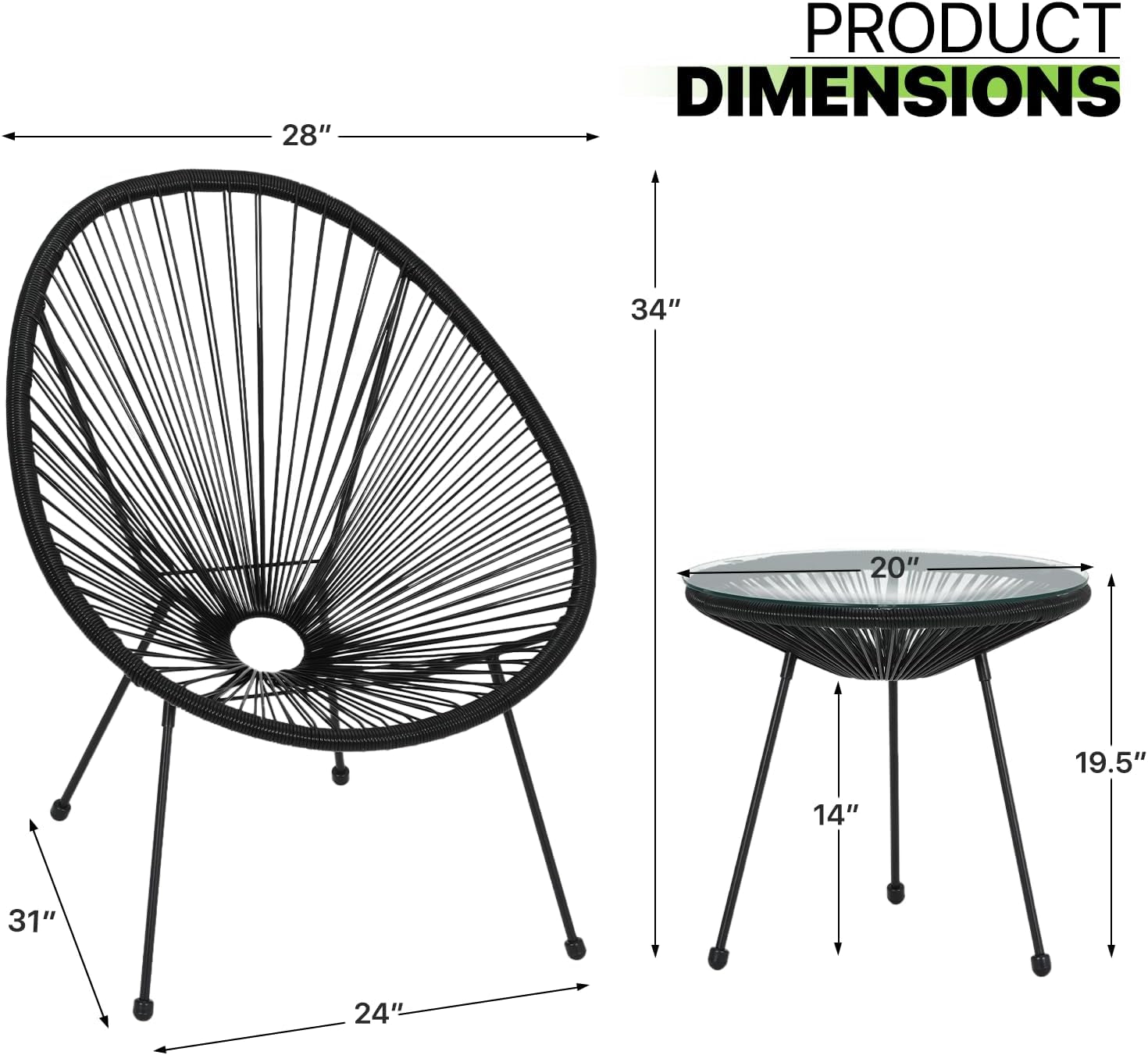 Outdoor Acapulco Chair Set 3-Piece with Glass Top Table, Lightweight All-Weather Woven PE Rope Patio Furniture, Modern Bistro Conversation Set for Patio, Garden, Poolside, Black-2