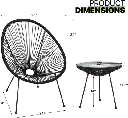 Outdoor Acapulco Chair Set 3-Piece with Glass Top Table, Lightweight All-Weather Woven PE Rope Patio Furniture, Modern Bistro Conversation Set for Patio, Garden, Poolside, Black-2