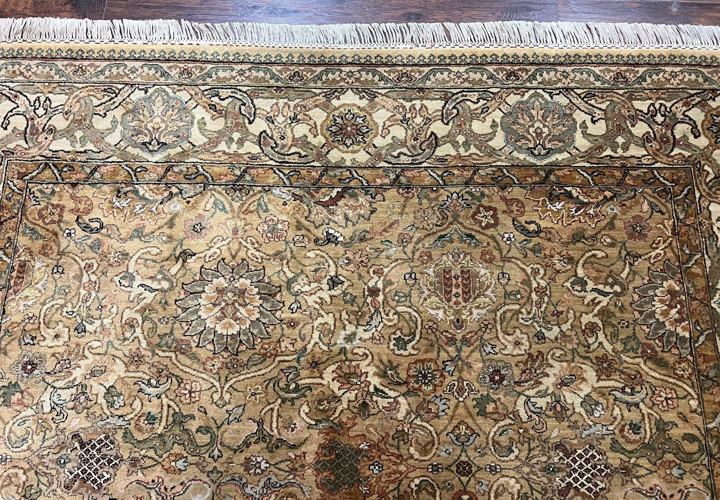 Indo Mahal Rug 8x10, Indian Jaipur Rug 8 x 10 ft, Wool Indo Persian Carpet, Handmade Traditional Floral Area Rug, Olive Green, Vintage Rug-2