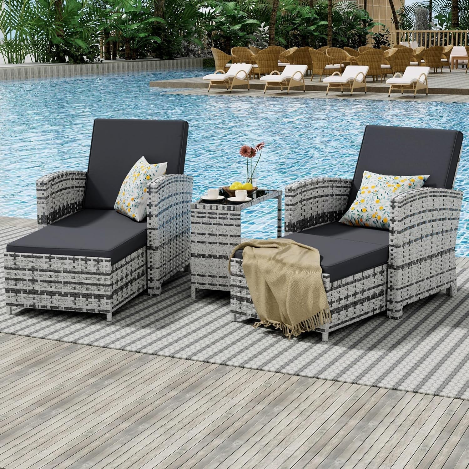 Outdoor Patio Chairs with Ottomans, 5 Piece Outdoor Patio Furniture Set, Wicker Patio Conversation Set, Outdoor Sofa with Ottoman, and Table for Porch, Garden, and Balcony, Grey-0