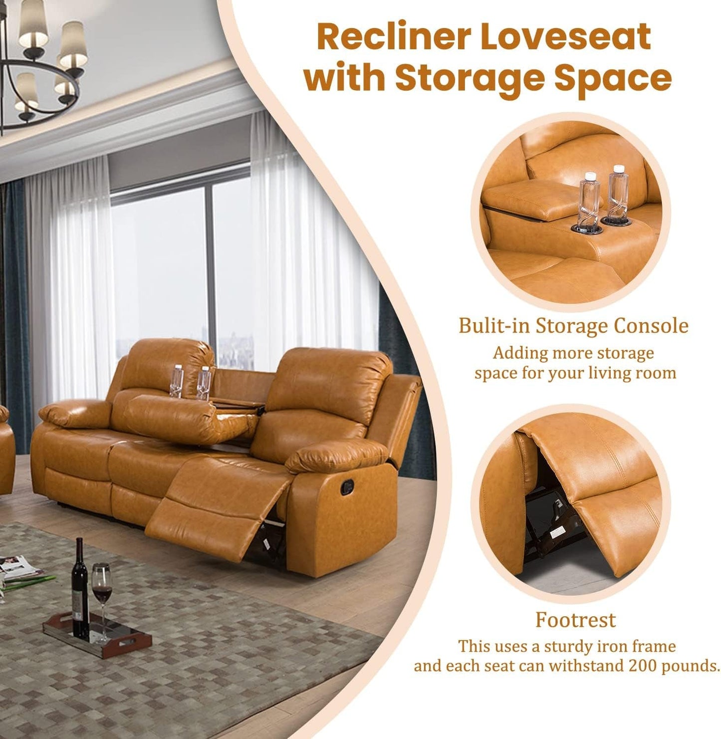 Manual Recliner Sofa Set, Bonded Leather Sofa Set Living Room Furniture, Reclining Sofa Set Leather Recliner Couch with Cup Holder/Storage Console for Living Room (3 Pieces Couch Set,Ginger)-3