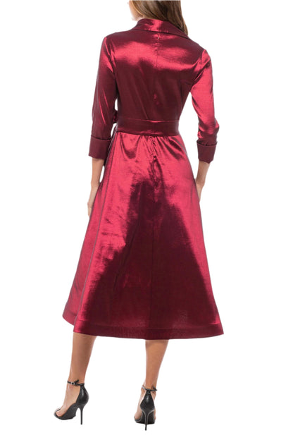 Marina Stretch Taffeta Midi Collar 3/4 Sleeve Tie Belt at Waist A-Line Shirt Dress-1