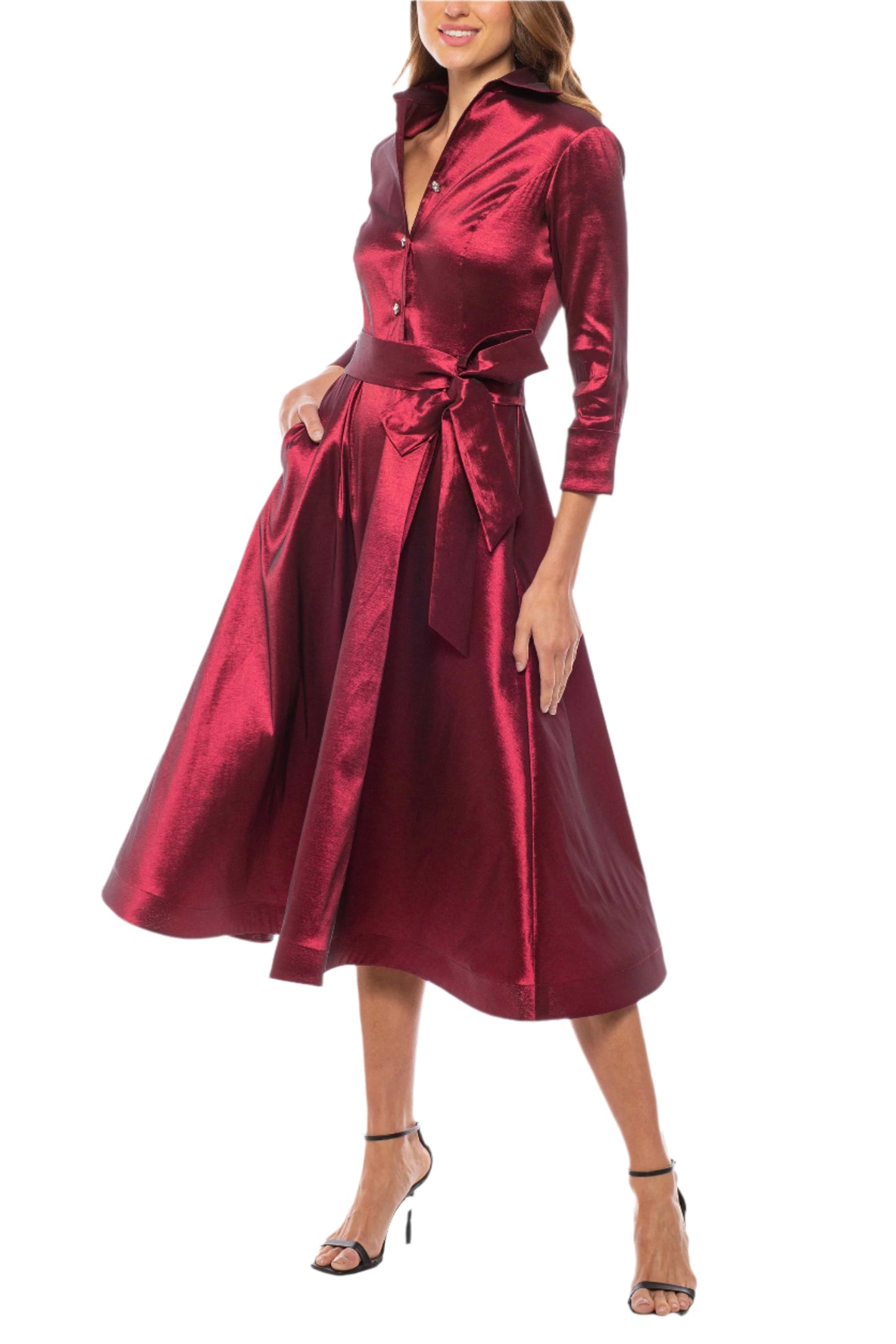 Marina Stretch Taffeta Midi Collar 3/4 Sleeve Tie Belt at Waist A-Line Shirt Dress-0