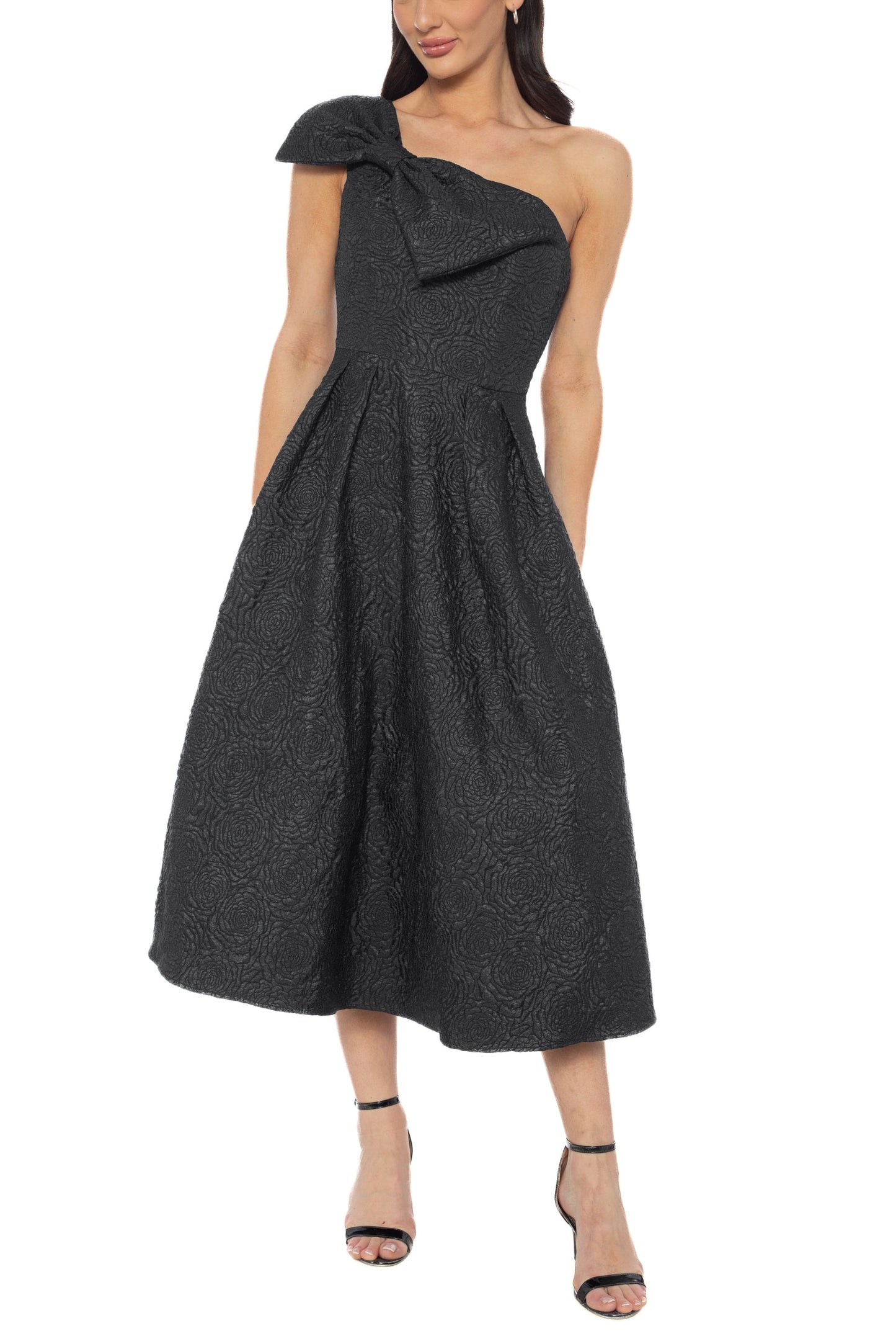 Marina Asymmetrical Front and Back with Oversized Ribbon Bow Detail Fit-and-Flare A-Line Midi Dress-0