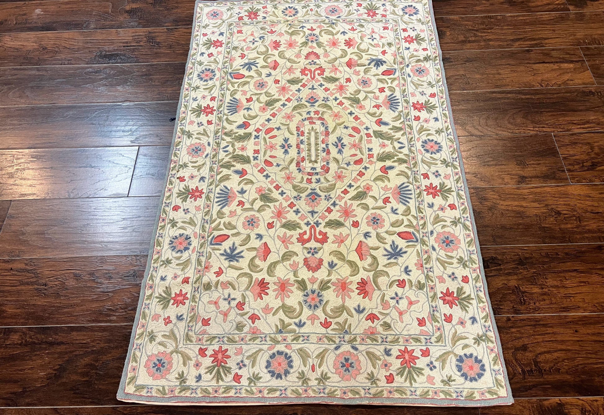 Hand Stitched Indian Rug 4x5, Floral, Vintage Hand Embroidered Rug-0