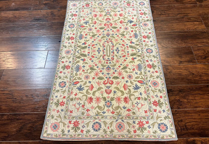 Hand Stitched Indian Rug 4x5, Floral, Vintage Hand Embroidered Rug-0