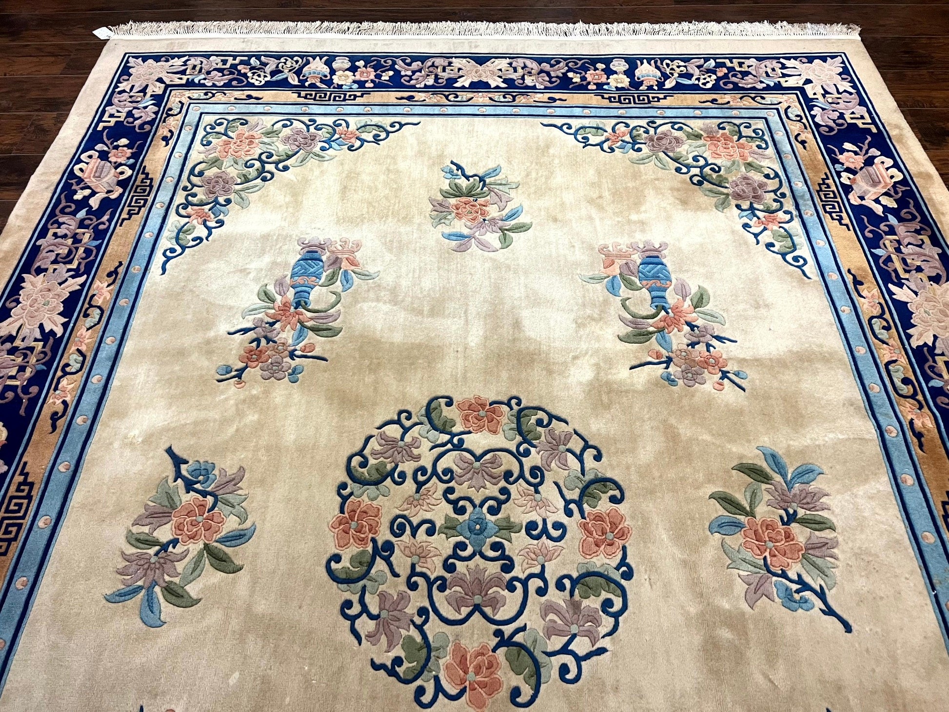 Chinese Wool Rug 8x11, Peking Asian Oriental Carpet, Cream/Ivory and Blue, Vintage Handmade Rug, Art Deco Rug-3