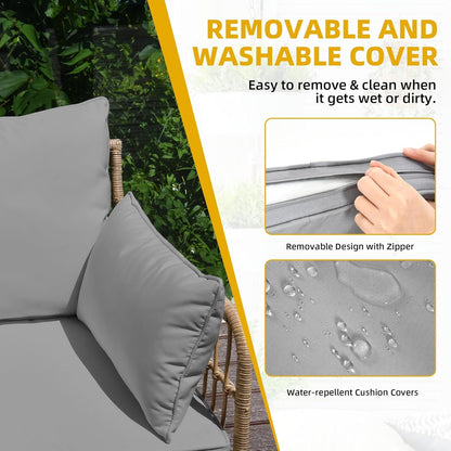 Patio Furniture Set, 4 Pieces Wicker Outdoor Conversation Set Sectional L-Shaped Sofa with 5 Seater for Backyard, Porch, Boho Detachable Lounger with Cushions and Side Table - Grey-4