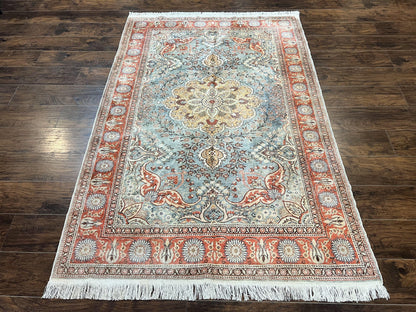 Silk Turkish Rug 5x7, Light Blue Silk Carpet, Floral Medallion, Turkish Kayseri Rug, Vintage Handmade Oriental Rug-0
