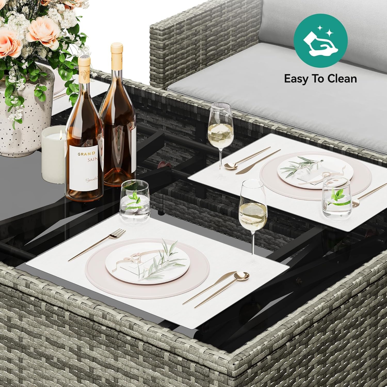 L-Shaped Outdoor Sectional Sofa Set with Adjustable Lift-Top Dining Table, All-Weather Wicker Patio Furniture, Ottoman & Tempered Glass Top, Gray Gradient-3