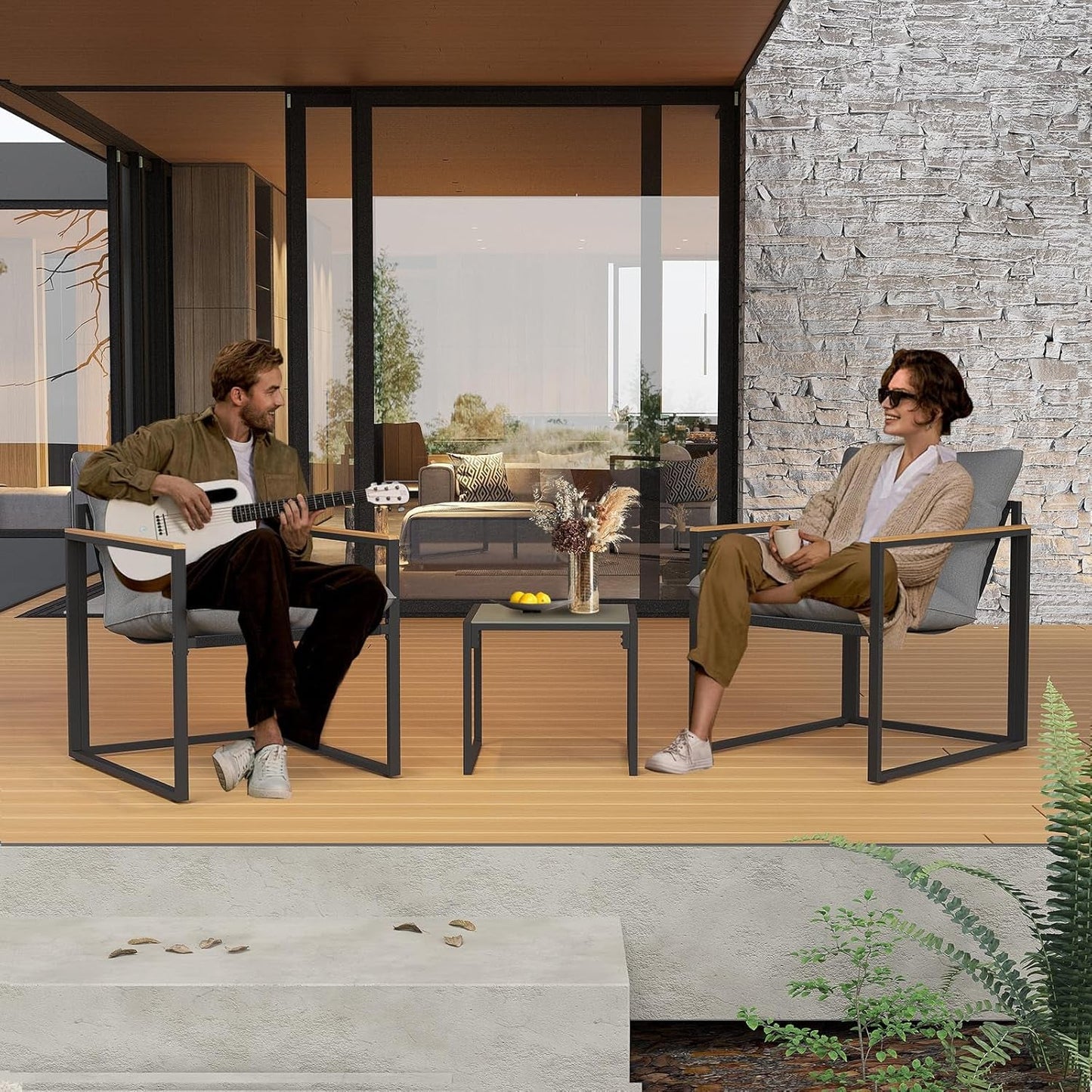 Patio Outdoor Furniture 3 Pcs Bistro/Converstation Set with 2 Chairs and 1 Coffee Table, Together with Cushions&Backrest, for Patio, Indoor, Garden, Balcony, Poolside, Bistro-3