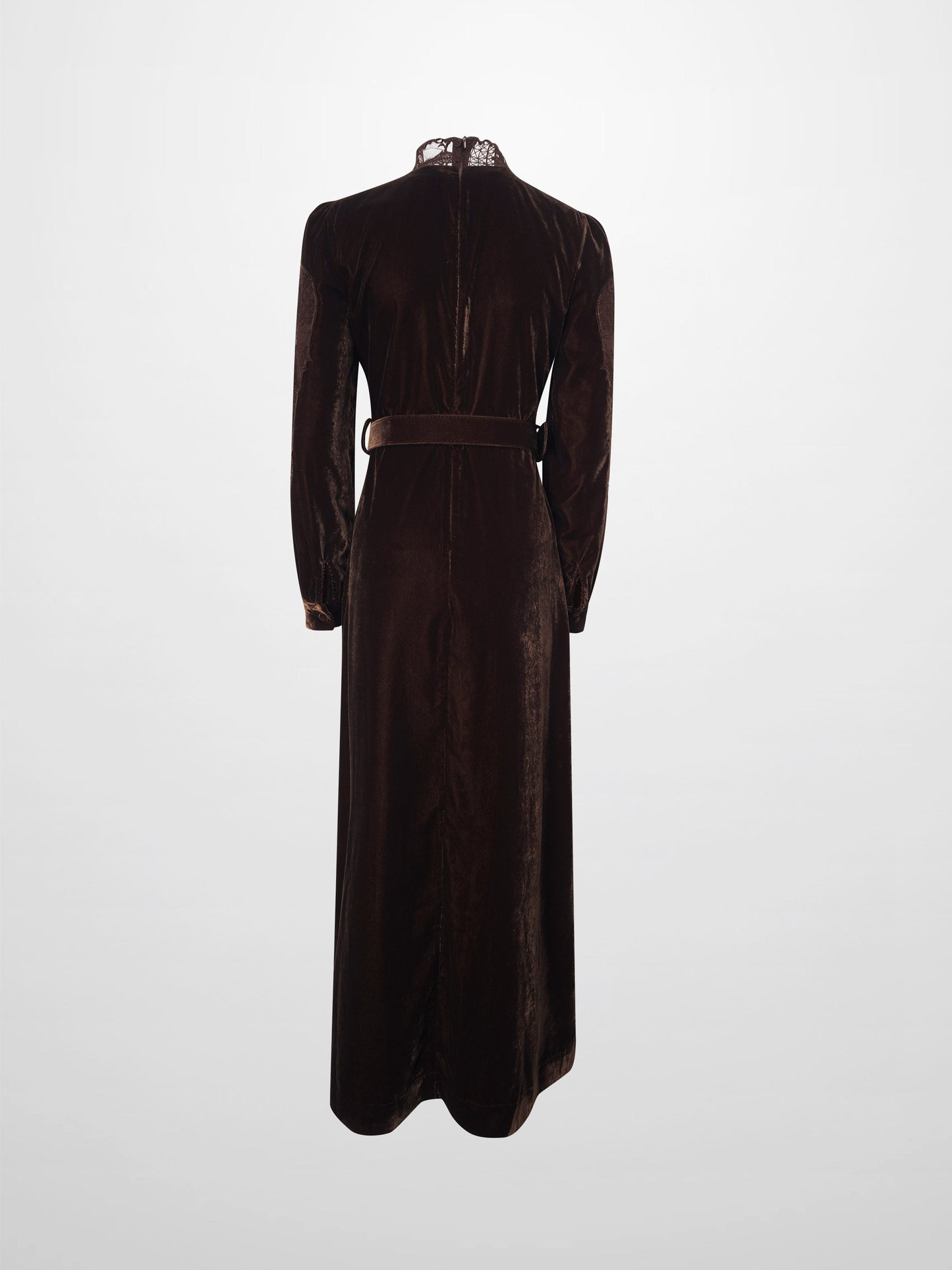 Lace Inlay Velvet Dress-Brown