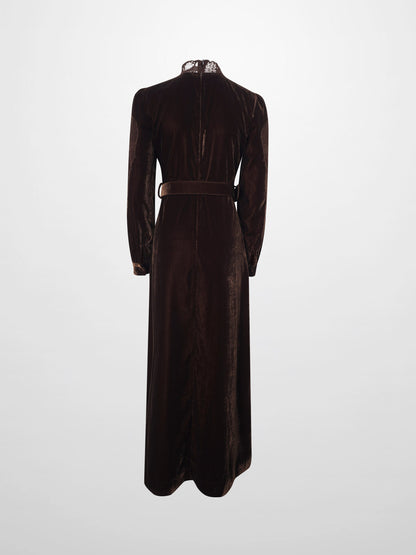 Lace Inlay Velvet Dress-Brown
