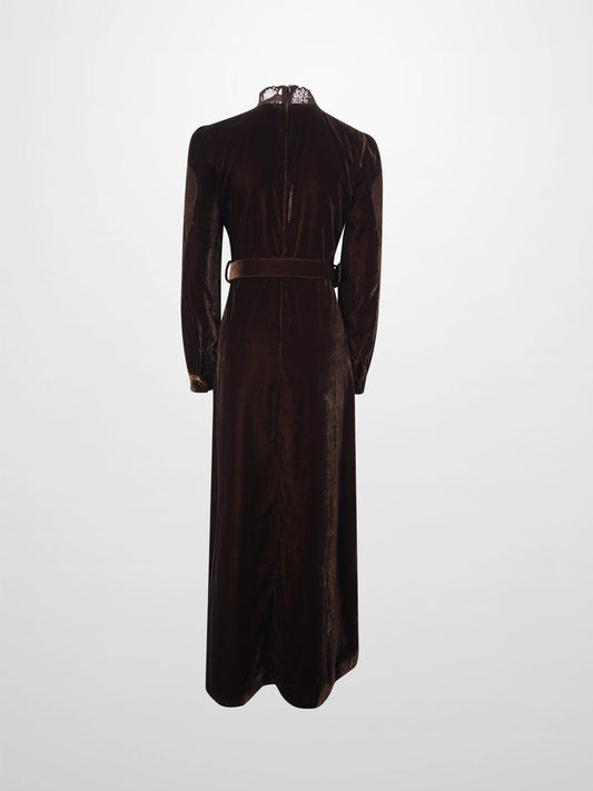 Lace Inlay Velvet Dress-Brown
