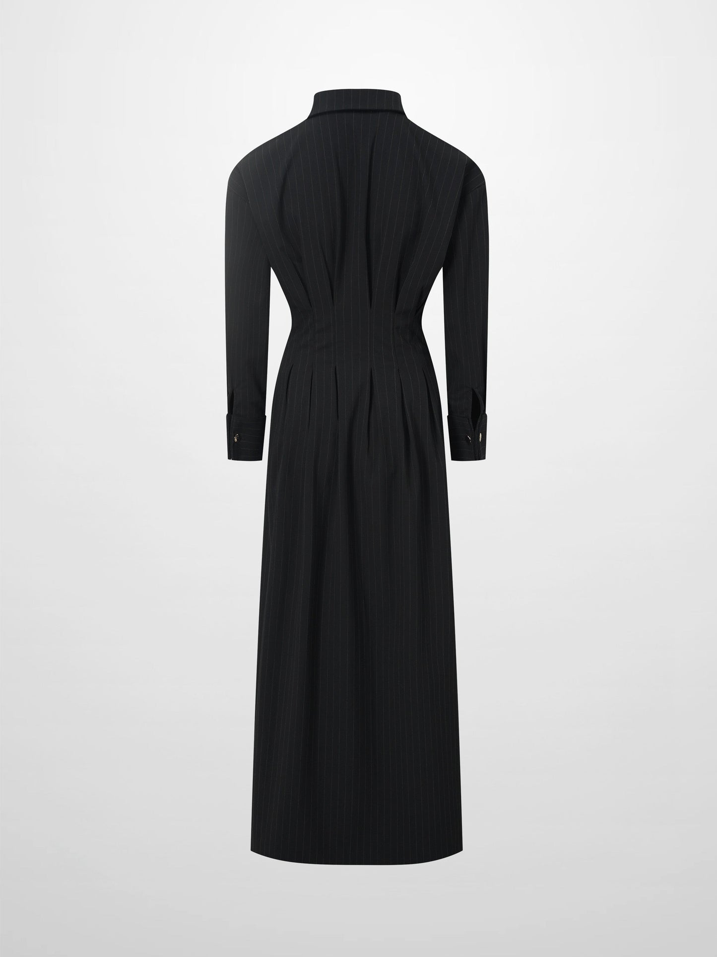 Pleat Waist Pinstripe Button Down Dress-Black