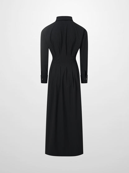Pleat Waist Pinstripe Button Down Dress-Black