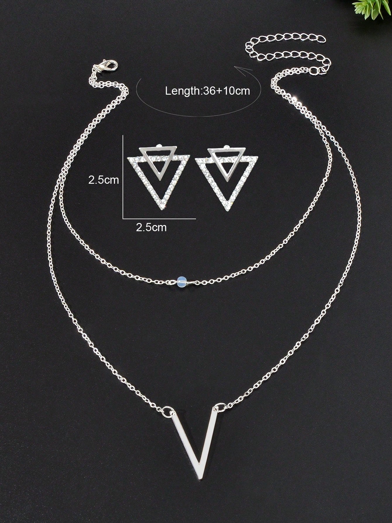 Silver V Pendant Necklace with Triangle Earrings Jewelry Set