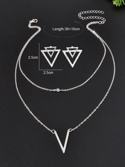 Silver V Pendant Necklace with Triangle Earrings Jewelry Set