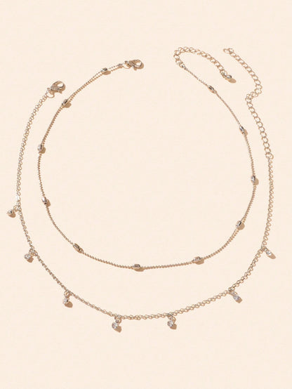 Sparkling Diamond Pendant Double Layer Silver Necklace Elegant Statement Jewelry