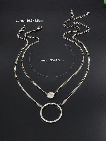 Silver Double-Layered Large Circle Pendant Necklace - Stylish Statement Jewelry