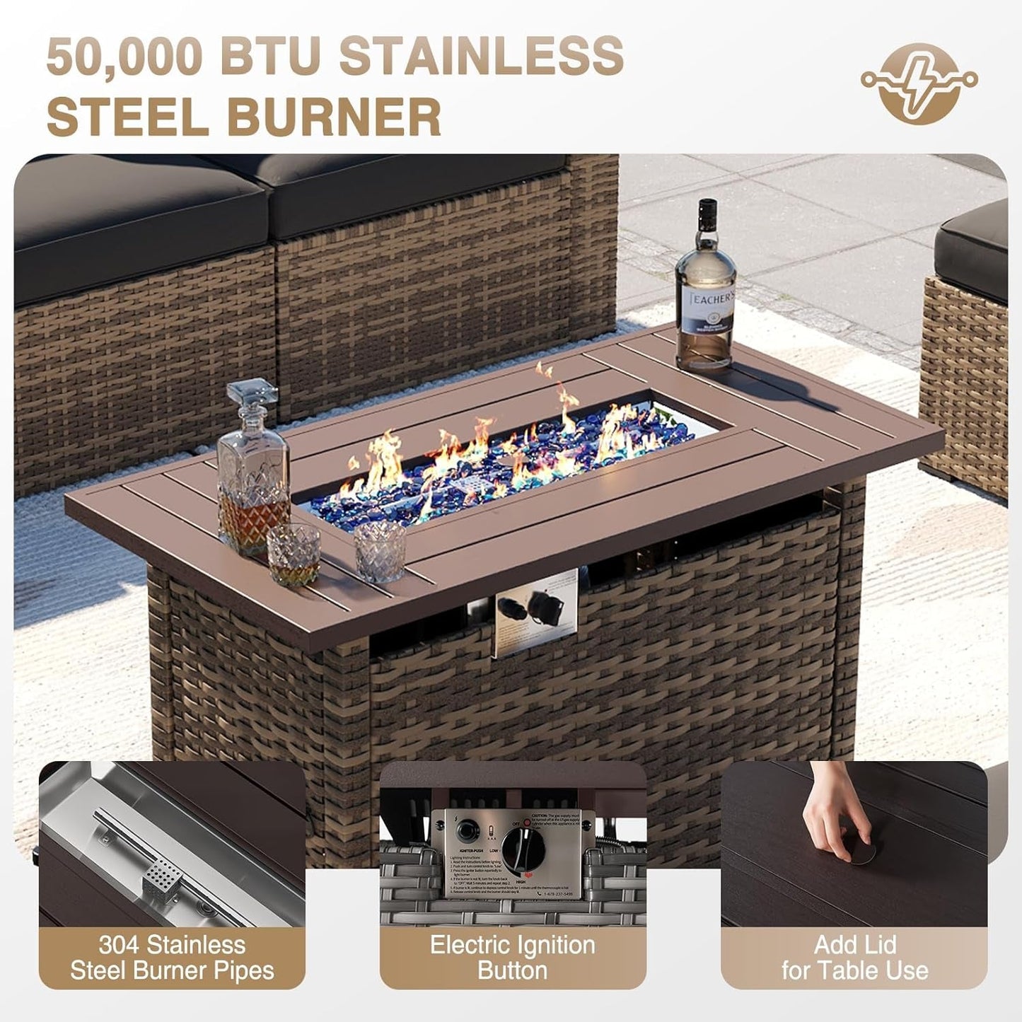 Outdoor Patio Furniture Set with Firepit Table and Cushions