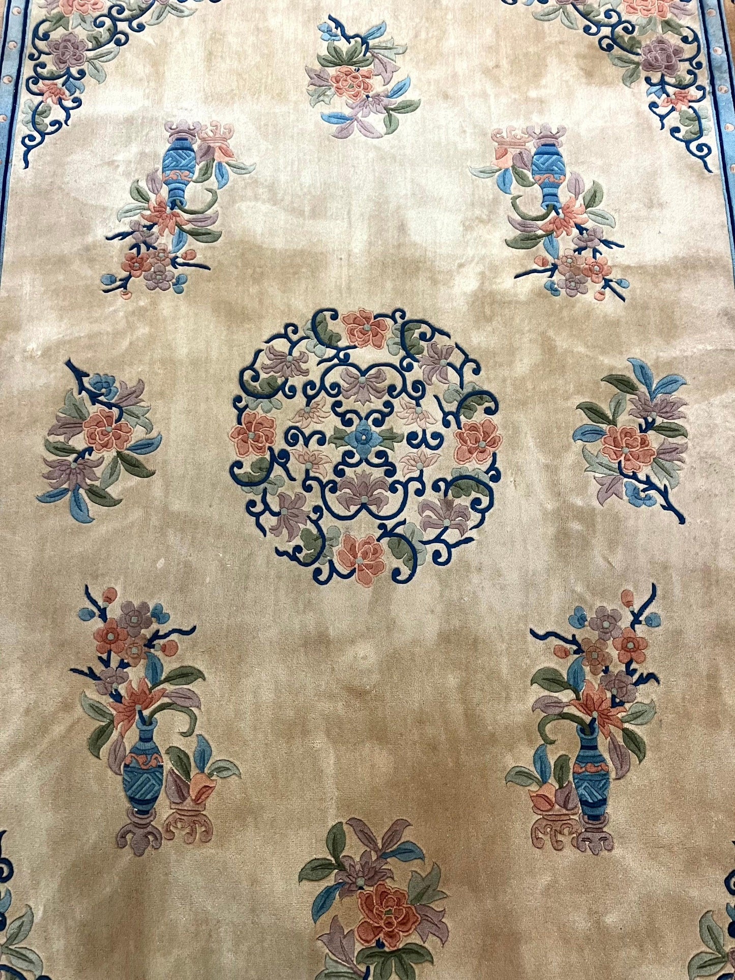 Chinese Wool Rug 8x11, Peking Asian Oriental Carpet, Cream/Ivory and Blue, Vintage Handmade Rug, Art Deco Rug-4