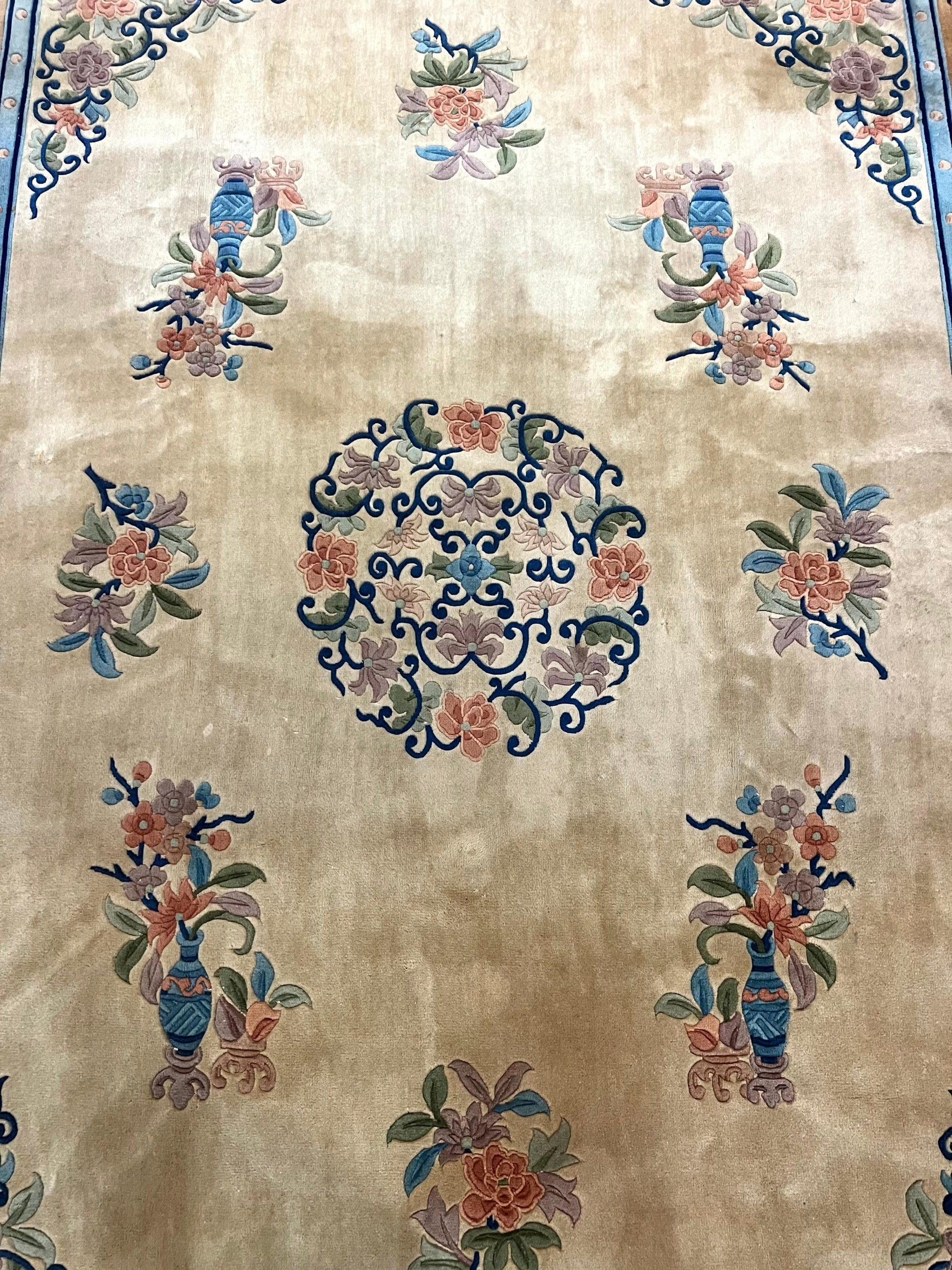 Chinese Wool Rug 8x11, Peking Asian Oriental Carpet, Cream/Ivory and Blue, Vintage Handmade Rug, Art Deco Rug-4
