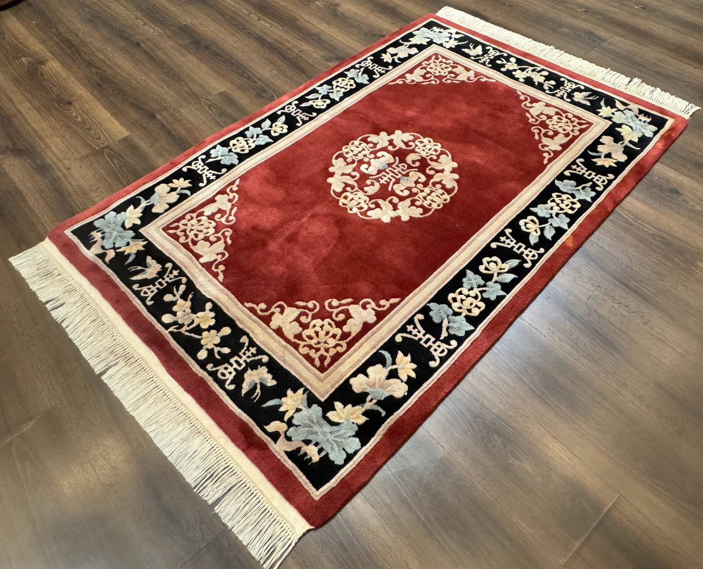 Dark Red Chinese Wool Rug 4x6, Chinese 90 Line Rug, Carving Rug, Handmade, Pair B