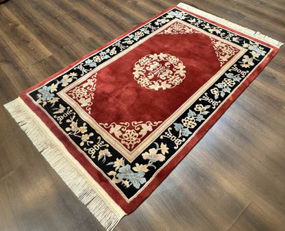 Dark Red Chinese Wool Rug 4x6, Chinese 90 Line Rug, Carving Rug, Handmade, Pair B
