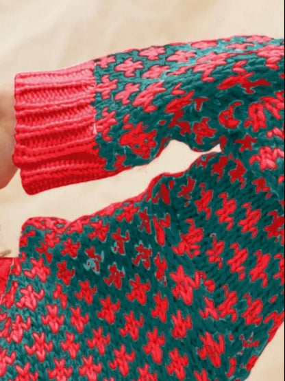 SO ME Color Block Textured Christmas Sweater V Neck Top-1