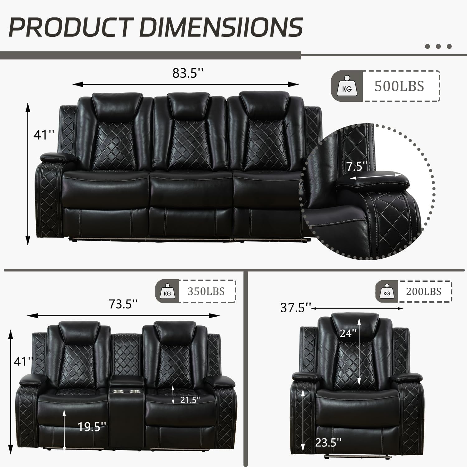 Leather Power Recliner Sofa Set with LED, Living Room Furniture Set, Leather Sofa Set with USB Port Storage Console Cup Holder (Power Reclining Sofa Set, Black)-1