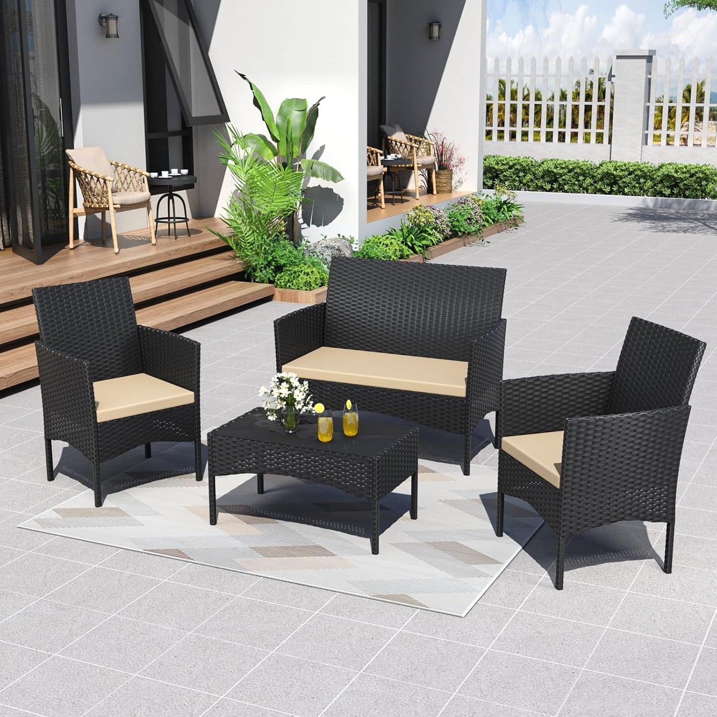 Stylish Four Piece Outdoor Rattan Patio Furniture Set