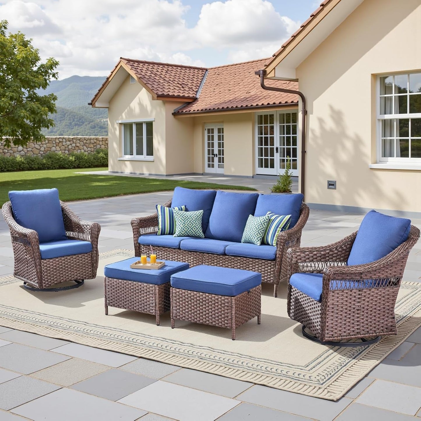 Patio Furniture Set, 5 Pieces Outdoor Conversation Set, All Weather Wicker Patio Furniture W/ Swivel Glider Rocking Chair, Ottoman, 3-Seat Couch & Comfy Cushions for Backyard, Deck, Poolside, Porch