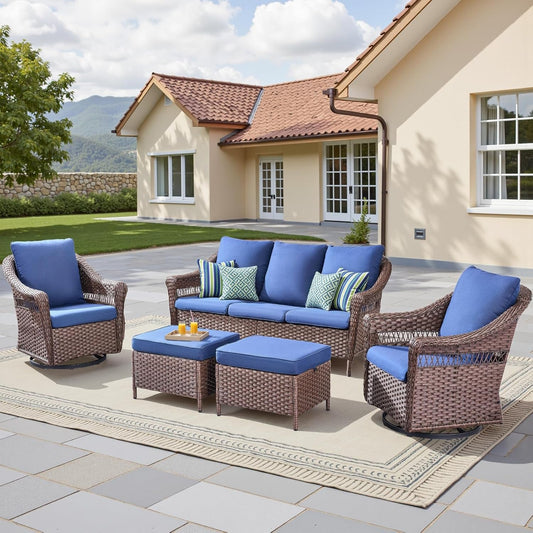 Patio Furniture Set, 5 Pieces Outdoor Conversation Set, All Weather Wicker Patio Furniture W/ Swivel Glider Rocking Chair, Ottoman, 3-Seat Couch & Comfy Cushions for Backyard, Deck, Poolside, Porch