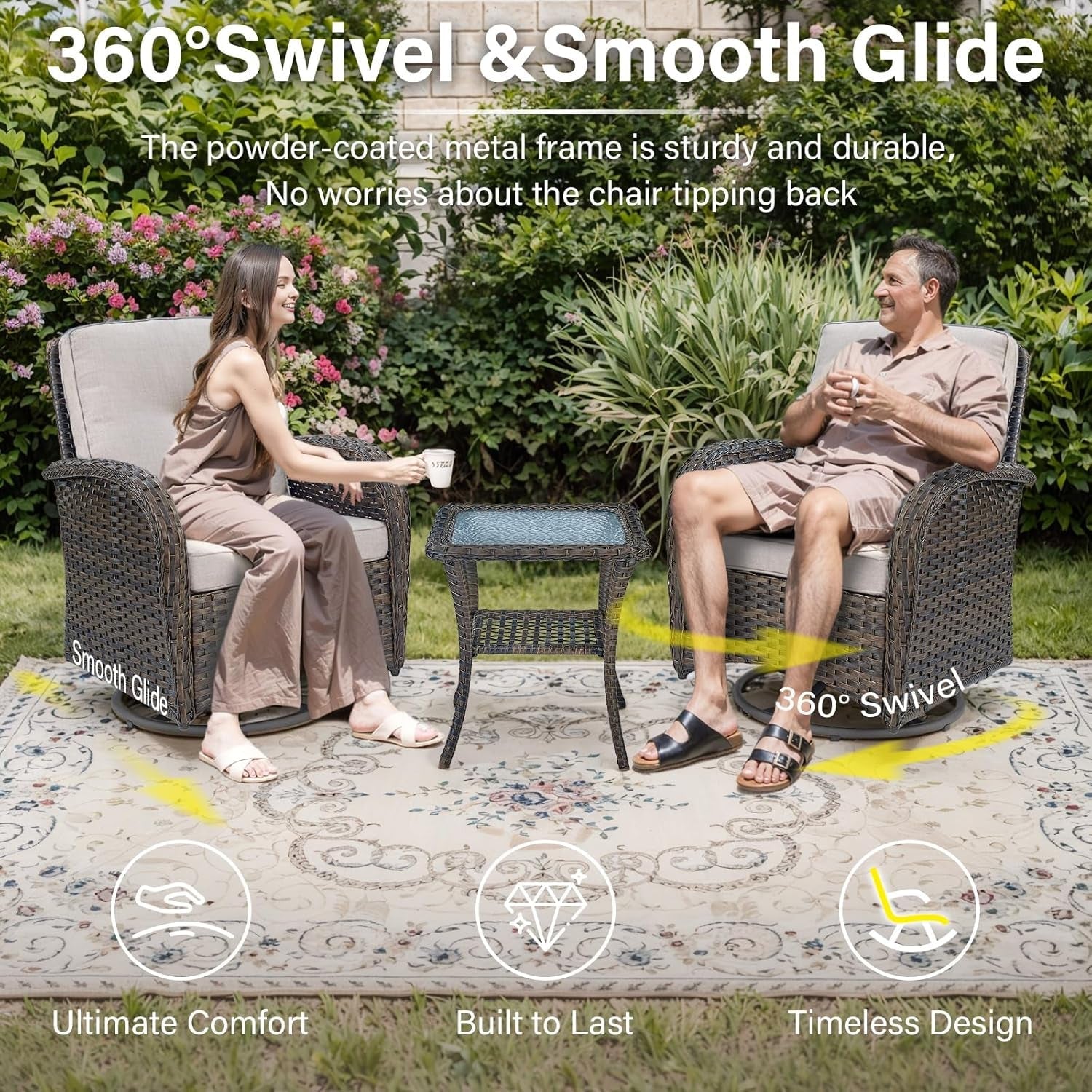 6 Pieces Wicker Patio Conversation Sets with Outdoor Swivel Rocker Chairs and Loveseat Glider Chair, All-Weather Rattan Furniture Set for Deck Patio Backyard Sunroom Brown-1