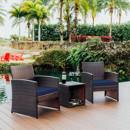 Wicker Outdoor Furniture Set - 3 Piece Patio Bistro Set (Brown/Navy)
