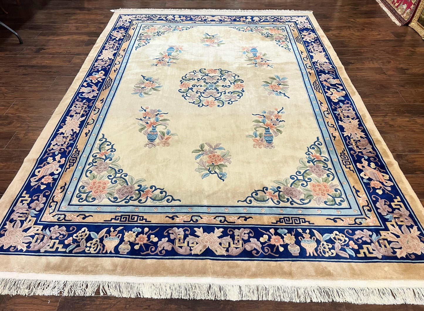 Chinese Wool Rug 8x11, Peking Asian Oriental Carpet, Cream/Ivory and Blue, Vintage Handmade Rug, Art Deco Rug-0