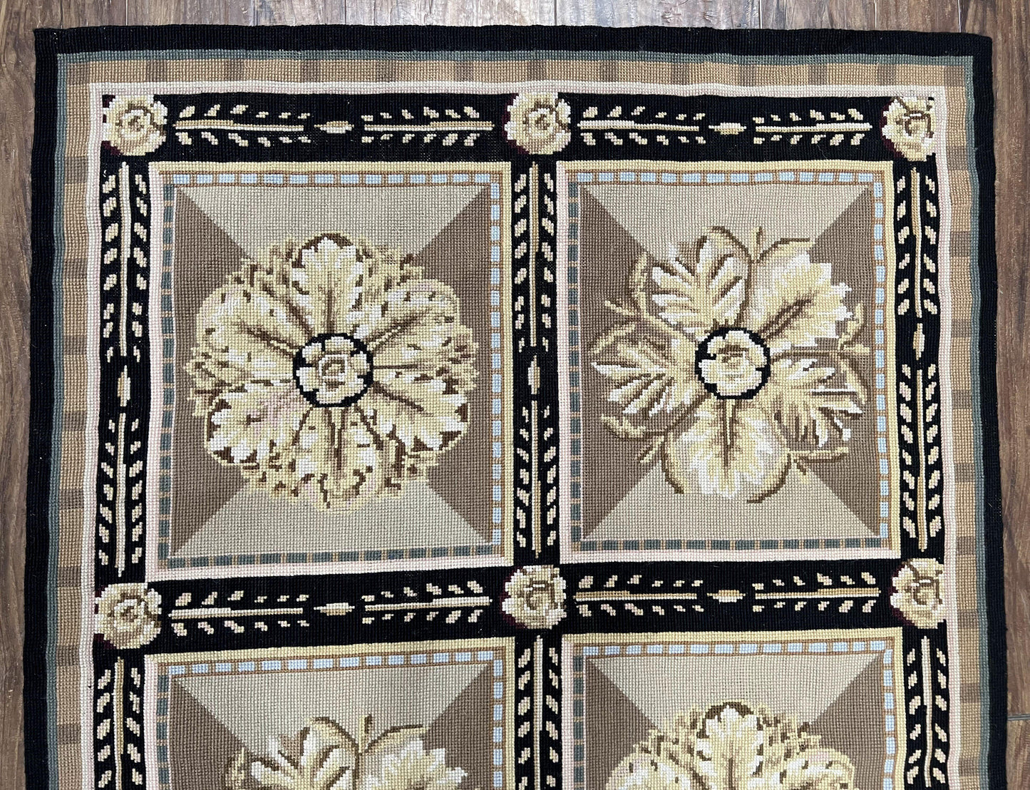 Needlepoint Runner Rug 3x8 Panel Design Rug, Flatweave Runner Rug, English Design, Floral, Short Runner Rug, Black and Beige Wool Hand-Woven-3