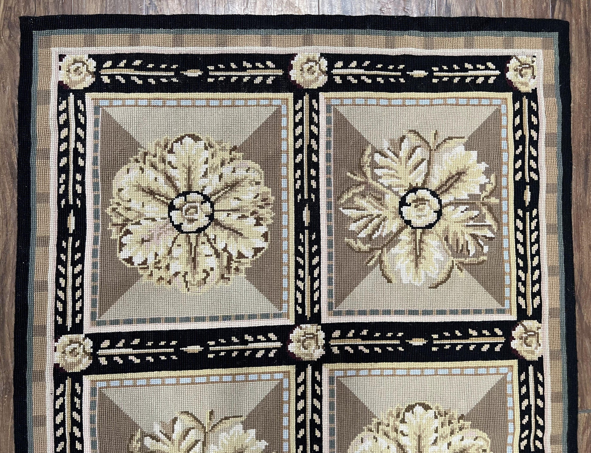 Needlepoint Runner Rug 3x8 Panel Design Rug, Flatweave Runner Rug, English Design, Floral, Short Runner Rug, Black and Beige Wool Hand-Woven-3