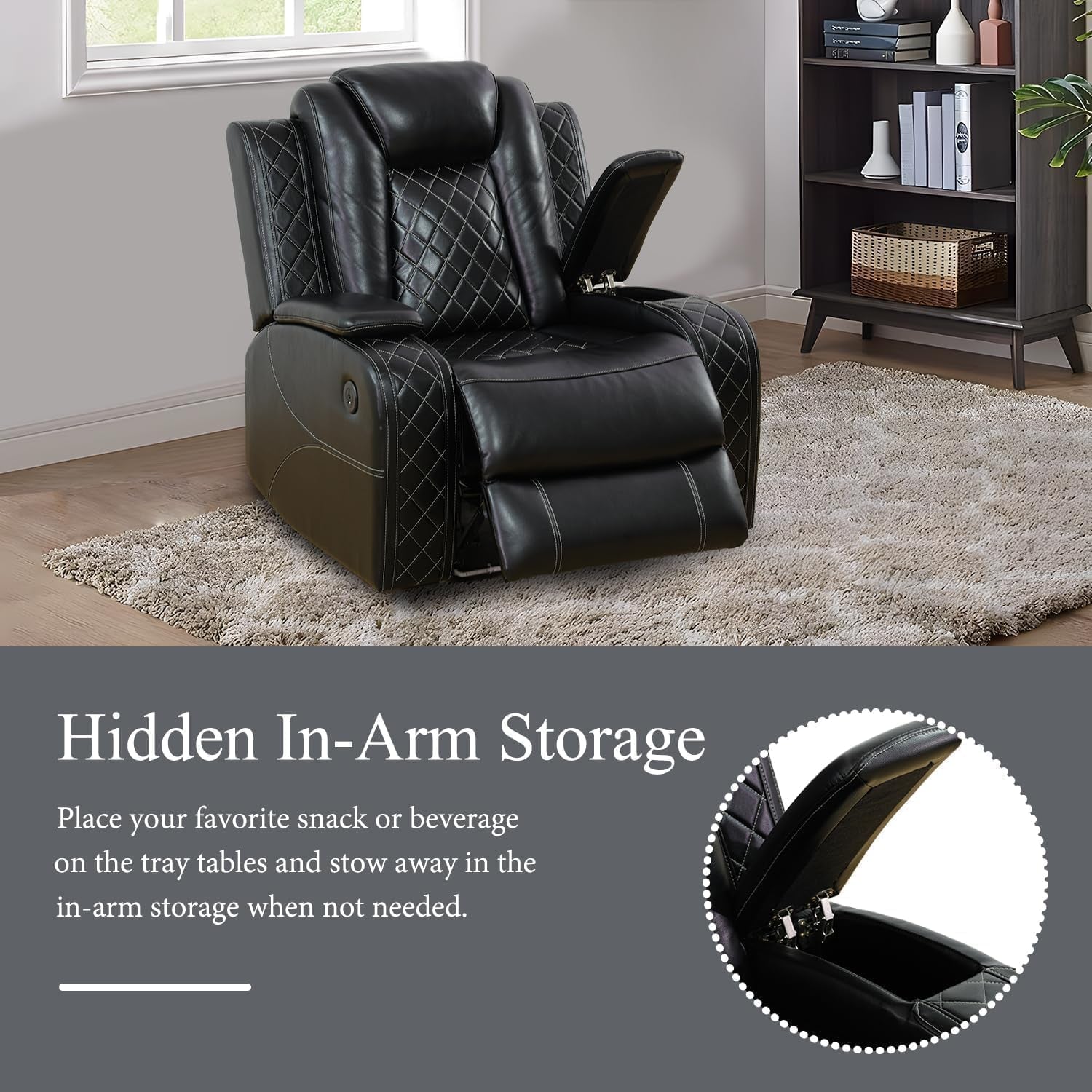 Power Recliner Sofa Set with LED, Leather Reclining Sofa Set, Living Room Furniture Set with USB Charging (Black)-4