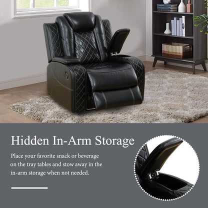 Power Recliner Sofa Set with LED, Leather Reclining Sofa Set, Living Room Furniture Set with USB Charging (Black)-4